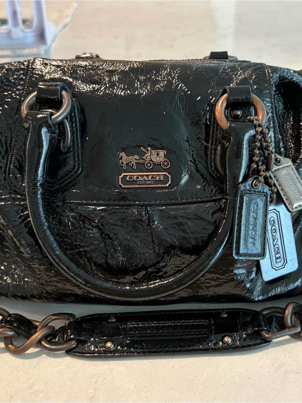 Coach Black Patent Leather Shoulder Bag with Chain-Link Strap - Picture 8 of 10